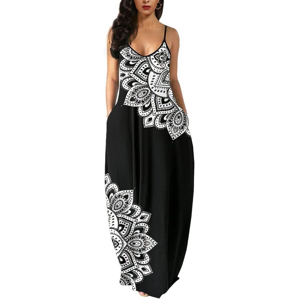 Women's Black White Paisley Plus Size Loose Maxi Dress
